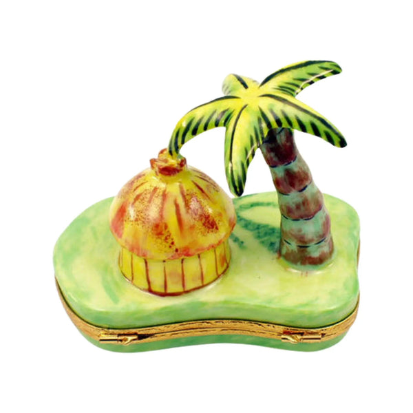 Cabana w Palm Tree Ocean Porcelain Limoges Beach Ocean World Travel French Trinket Box