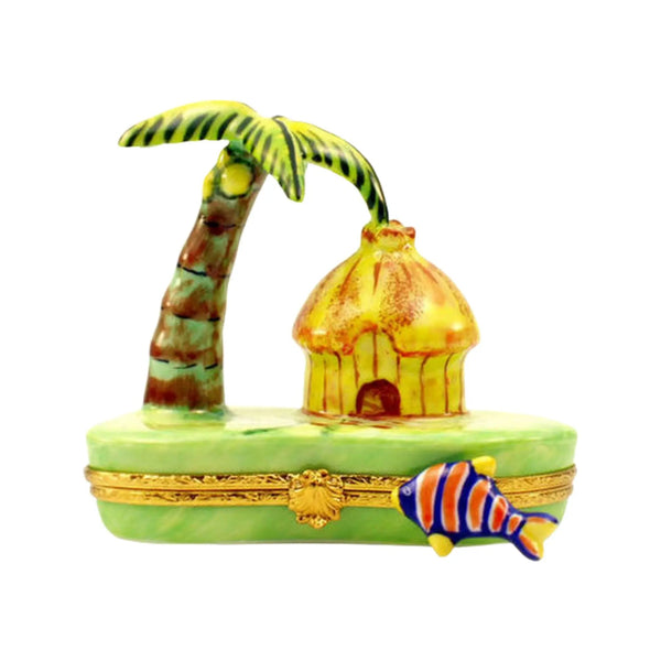 Cabana w Palm Tree Ocean Porcelain Limoges Beach Ocean World Travel French Trinket Box
