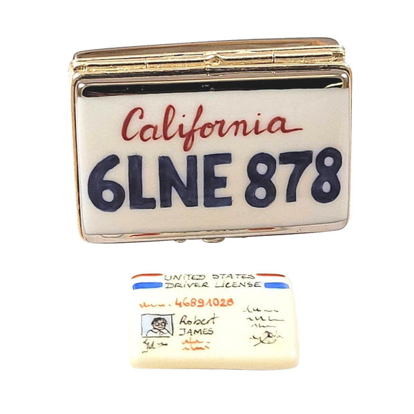 California License Plate with Driver's License Porcelain Limoges United States Vehicle French Trinket Box