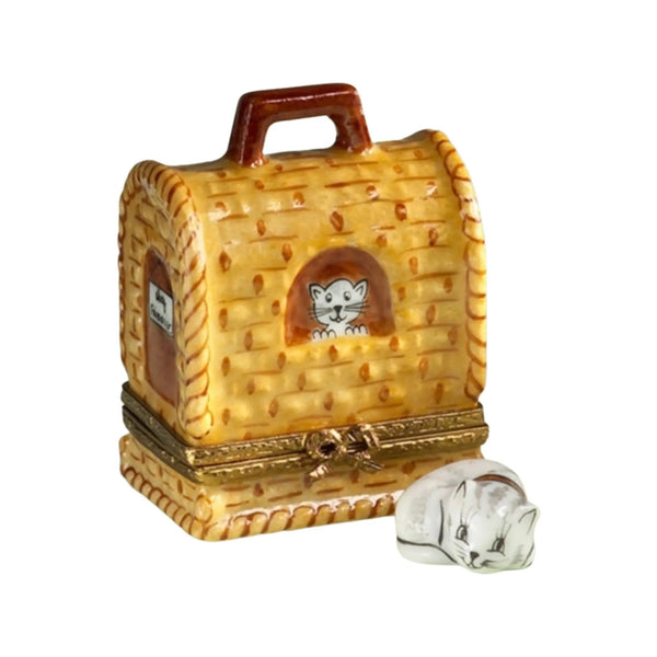 Cat Carrier w Removable Cat Porcelain Limoges Cat French Trinket Box