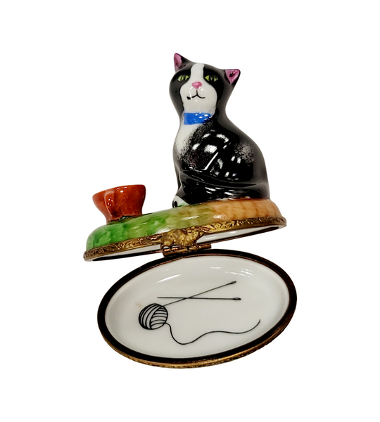 Cat Figurine with Bowl Delight Porcelain Limoges Cat French Trinket Box