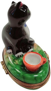 Cat Figurine with Bowl Delight Porcelain Limoges Cat French Trinket Box