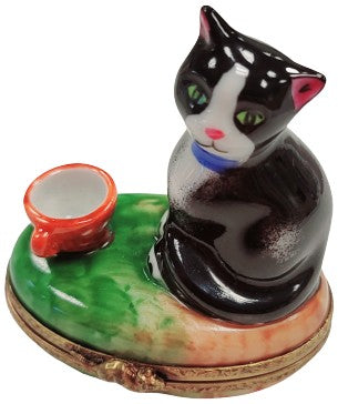 Cat Figurine with Bowl Delight Porcelain Limoges Cat French Trinket Box