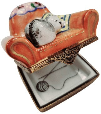 Cat In Cozy Armchair Limoges Box Porcelain Limoges cat furniture French Trinket Box