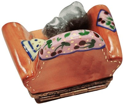 Cat In Cozy Armchair Limoges Box Porcelain Limoges cat furniture French Trinket Box