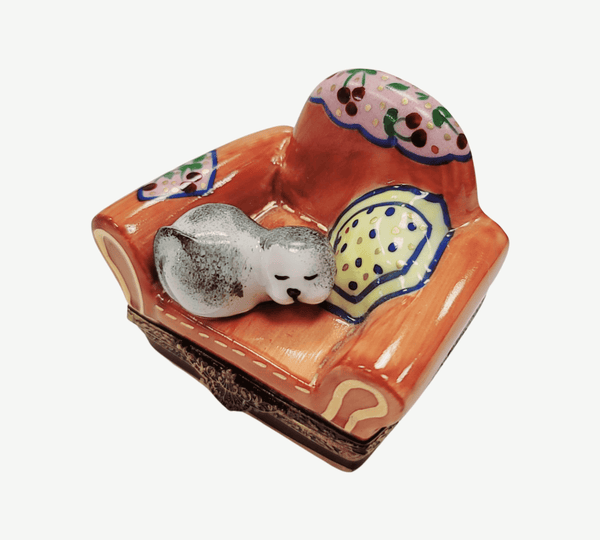 Cat In Cozy Armchair Limoges Box Porcelain Limoges cat furniture French Trinket Box