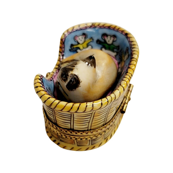 Cat Nestled in Cozy Basket Porcelain Limoges Cat French Trinket Box