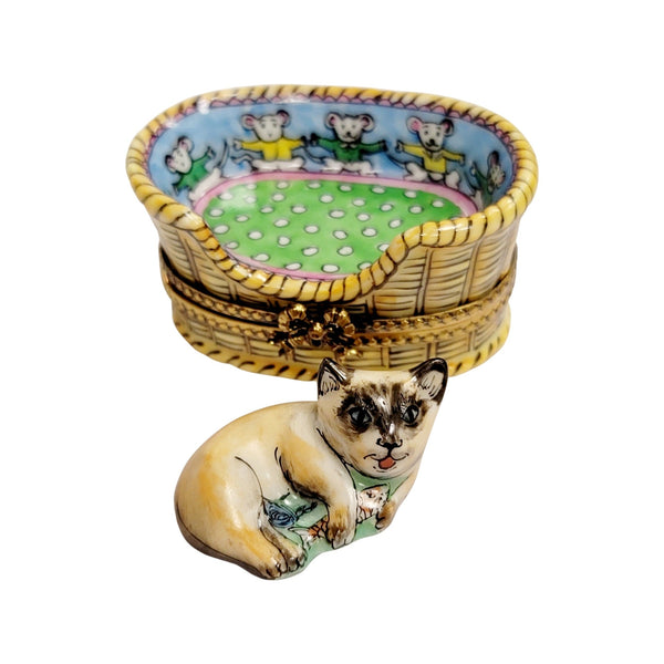 Cat Nestled in Cozy Basket Porcelain Limoges Cat French Trinket Box