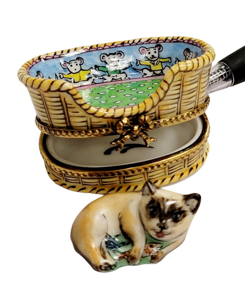 Cat Nestled in Cozy Basket Porcelain Limoges Cat French Trinket Box