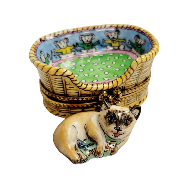 Cat Nestled in Cozy Basket Porcelain Limoges Cat French Trinket Box