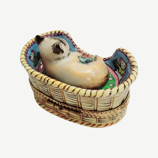 Cat Nestled in Cozy Basket Porcelain Limoges Cat French Trinket Box