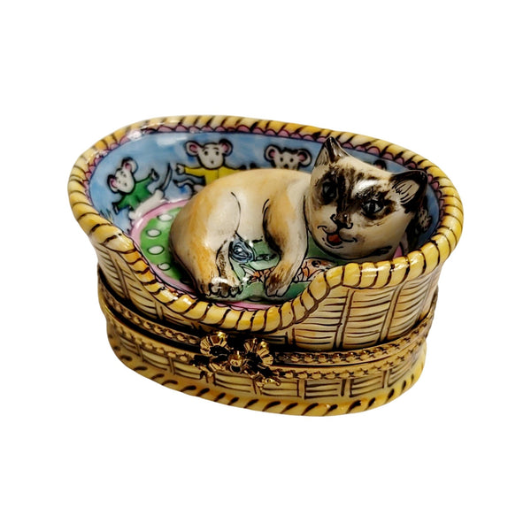 Cat Nestled in Cozy Basket Porcelain Limoges Cat French Trinket Box