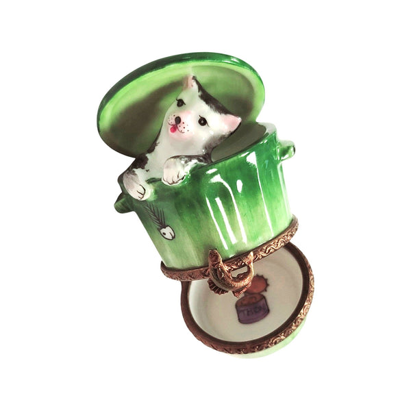 Cat Peeking From Trashcan Porcelain Limoges cat French Trinket Box