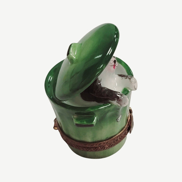 Cat Peeking From Trashcan Porcelain Limoges cat French Trinket Box