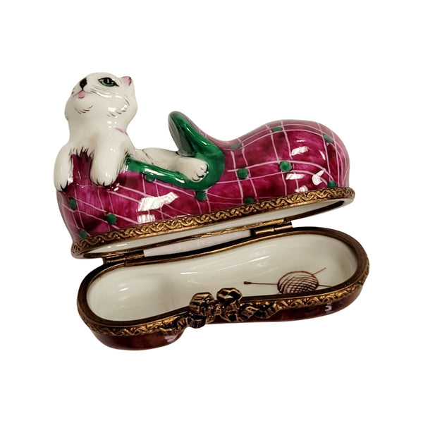 Cat Snuggled in Slipper Porcelain Limoges Cat French Trinket Box