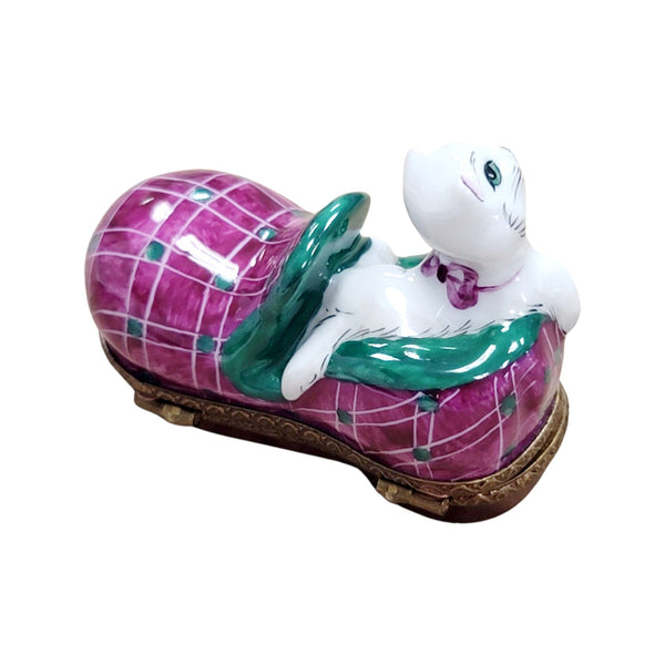 Cat Snuggled in Slipper Porcelain Limoges Cat French Trinket Box