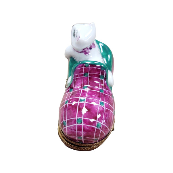 Cat Snuggled in Slipper Porcelain Limoges Cat French Trinket Box