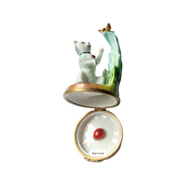 Cat and Butterfly Porcelain Limoges Butterfly Cat French Trinket Box