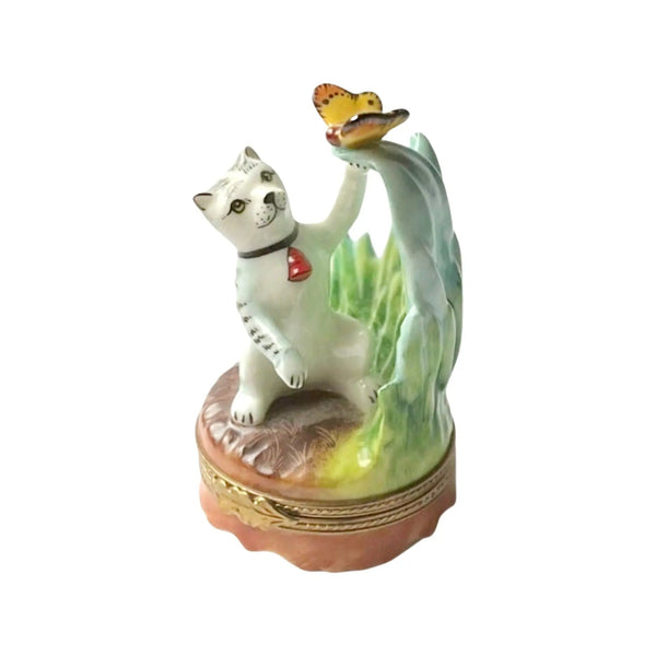 Cat and Butterfly Porcelain Limoges Butterfly Cat French Trinket Box