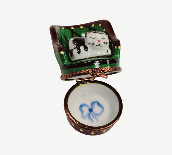 Cat in Green Chair Limoges Box Porcelain Limoges cat furniture French Trinket Box