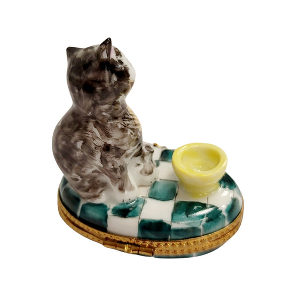 Cat in Yellow Teacup Porcelain Limoges Cat French Trinket Box