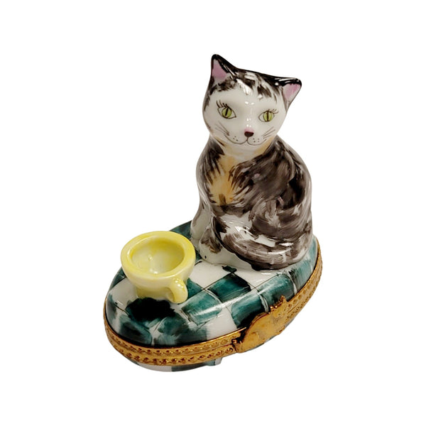 Cat in Yellow Teacup Porcelain Limoges Cat French Trinket Box