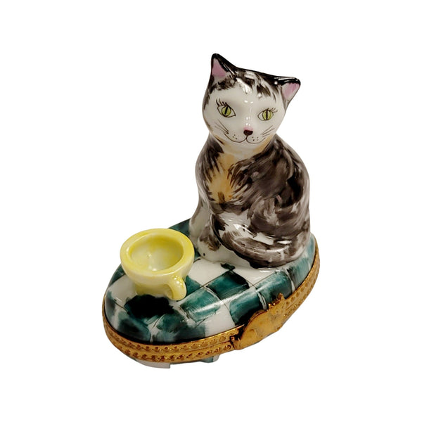Cat in Yellow Teacup Porcelain Limoges Cat French Trinket Box