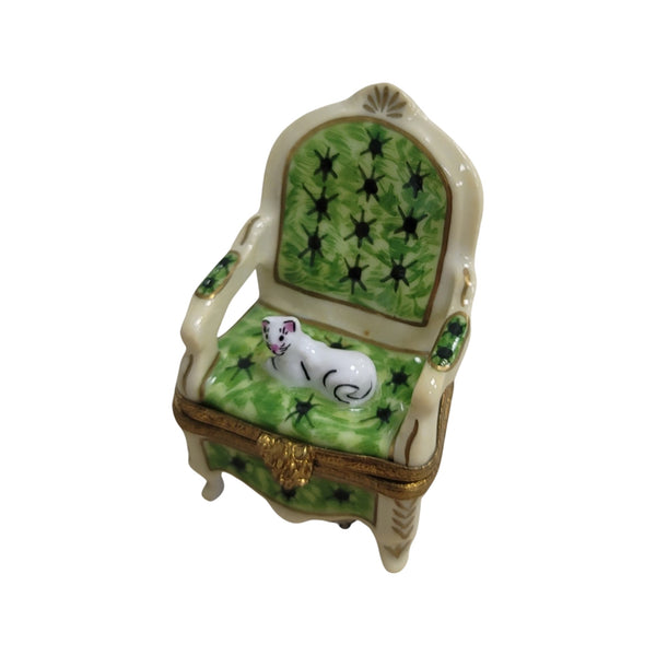 Cat on Elegant Green Chair Porcelain Limoges Cat furniture French Trinket Box