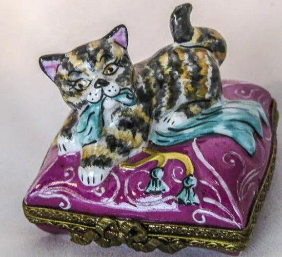 Cat on Pink Pillow Porcelain Limoges cat French Trinket Box