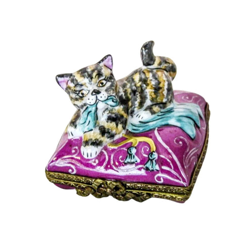 Cat on Pink Pillow Porcelain Limoges cat French Trinket Box