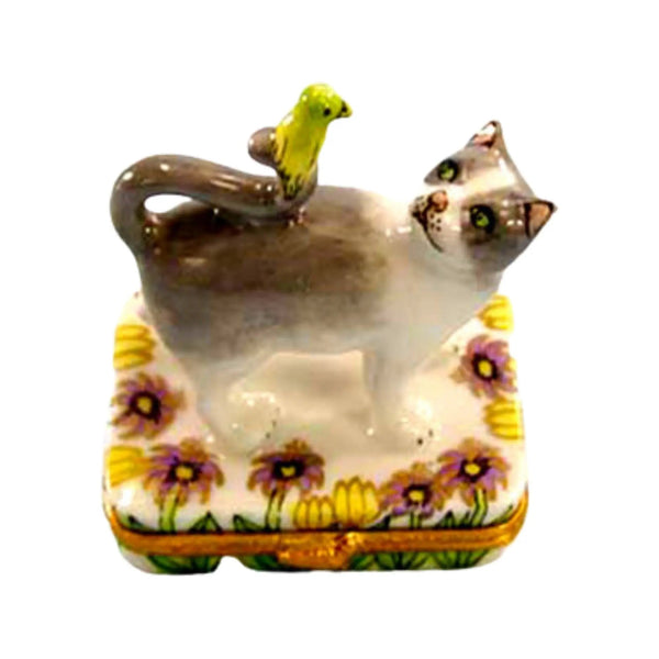 Cat w Canary Porcelain Limoges cat French Trinket Box