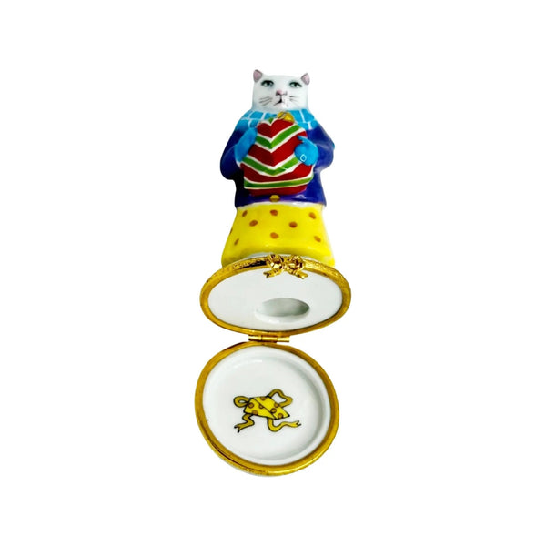 Cat with Christmas Present Porcelain Limoges cat xmas French Trinket Box