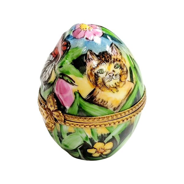 Charming Cat and Butterfly Egg Porcelain Limoges Egg Butterfly Cat French Trinket Box