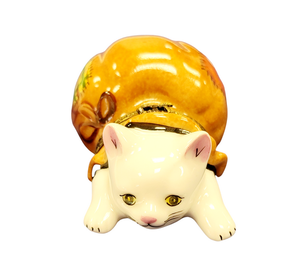 Charming Cat in Bag Figurine Porcelain Limoges Cat French Trinket Box