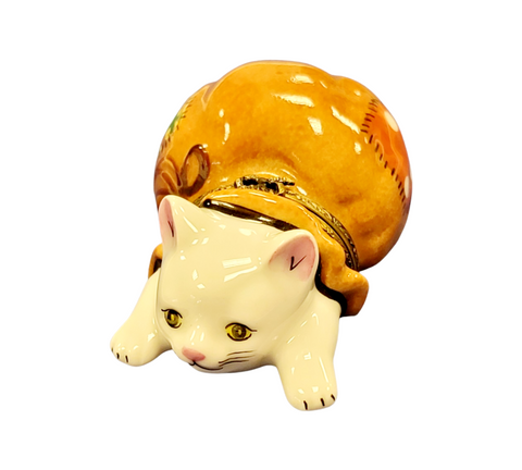 Charming Cat in Bag Figurine Porcelain Limoges Cat French Trinket Box