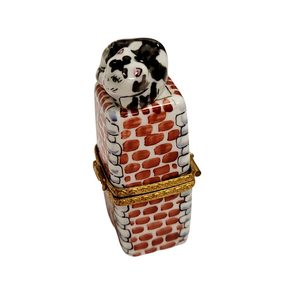 Charming Cat on Chimney Figurine Porcelain Limoges Cat French Trinket Box