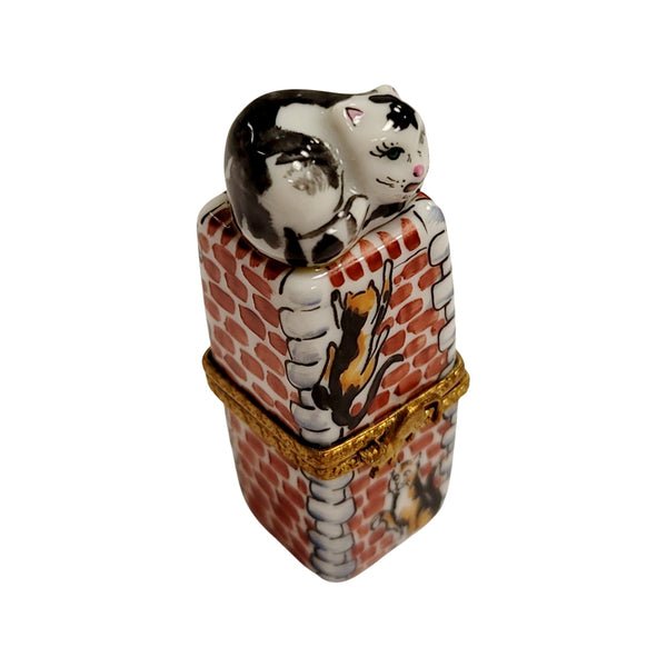Charming Cat on Chimney Figurine Porcelain Limoges Cat French Trinket Box