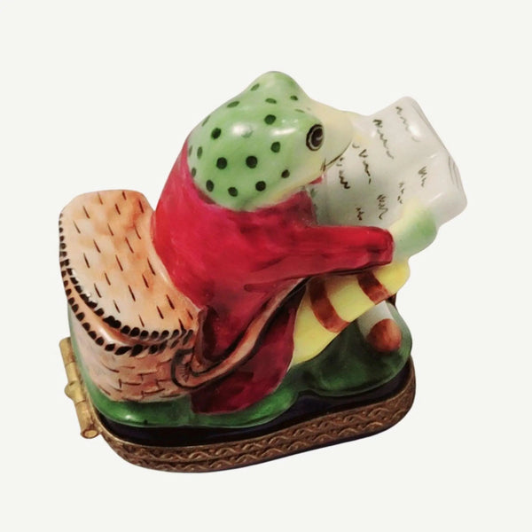 Charming Frog Reading Limoges Box Porcelain Limoges turtle frog furniture French Trinket Box