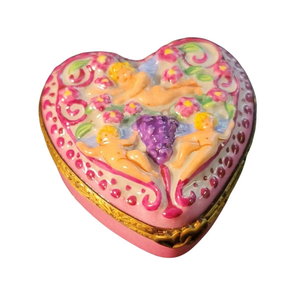 Cherubs on Pink Heart Box Porcelain Limoges Angel French Trinket Box