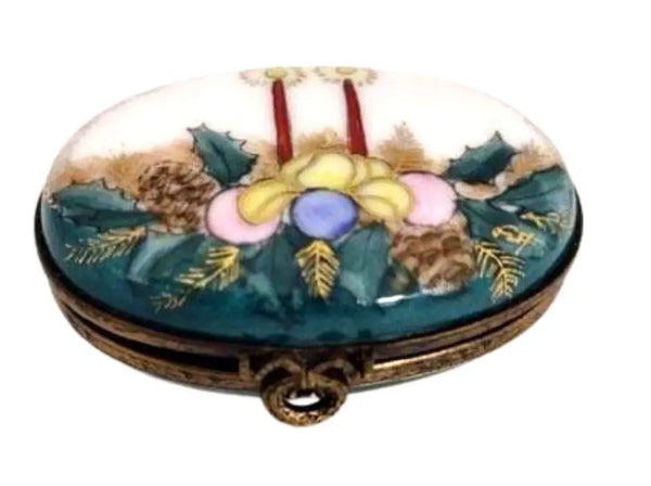 Christmas Candles and Mistletoe Box Porcelain Limoges xmas French Trinket Box