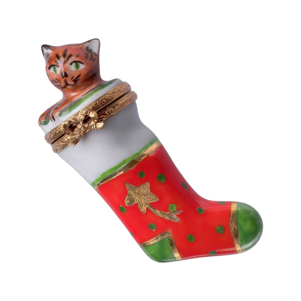 Christmas Stocking w Kitten Porcelain Limoges xmas theme cat French Trinket Box