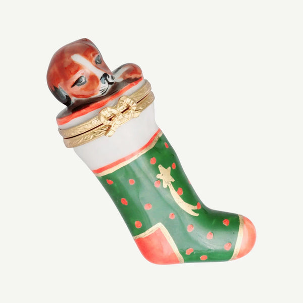 Christmas Stocking w Puppy Porcelain Limoges xmas theme dog French Trinket Box