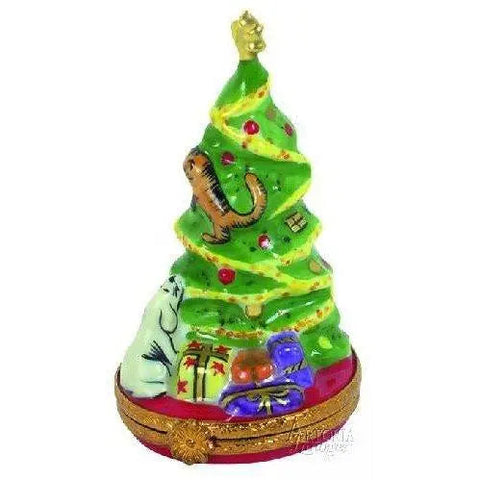 Christmas Tree w Puppy Porcelain Limoges Christmas Tree French Trinket Box