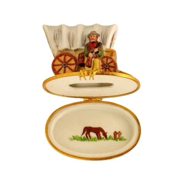 Chuck Wagon Old West American Porcelain Limoges vehicle French Trinket Box