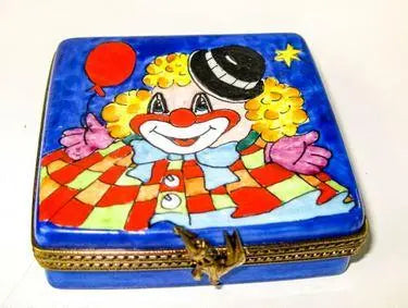 Circus Clown w Balloon on Flat Porcelain Limoges Circus Clown French Trinket Box