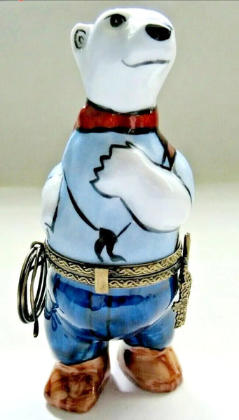 Cowboy Polar Bear Porcelain Limoges Bear sports fairy French Trinket Box