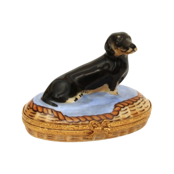 Dachshund In Basket: Black Dog Porcelain Limoges Dog French Trinket Box