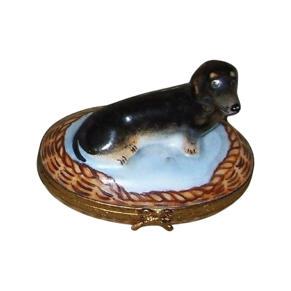 Dachshund In Basket: Black Dog Porcelain Limoges Dog French Trinket Box