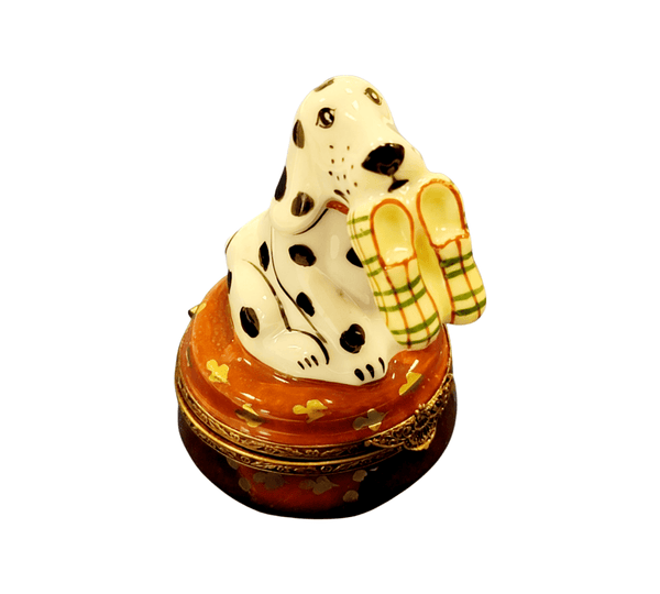 Dalmatian Dog Figurine with Slippers Porcelain Limoges Dog LIMOGES BOXES French Trinket Box