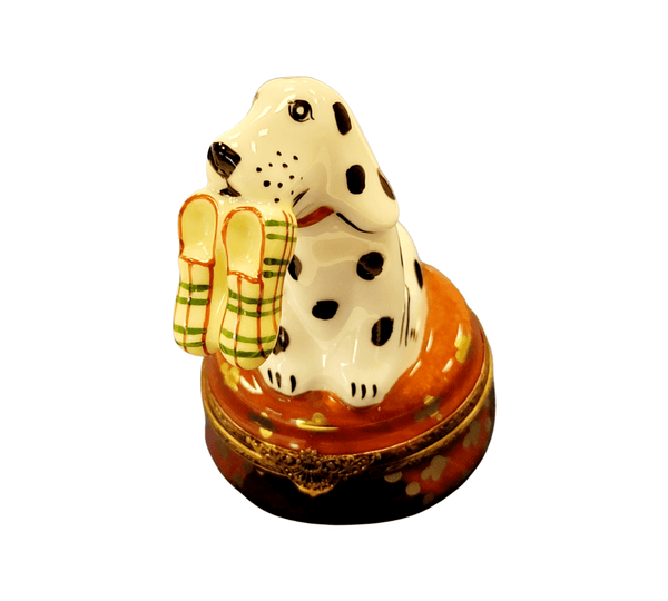 Dalmatian Dog Figurine with Slippers Porcelain Limoges Dog LIMOGES BOXES French Trinket Box